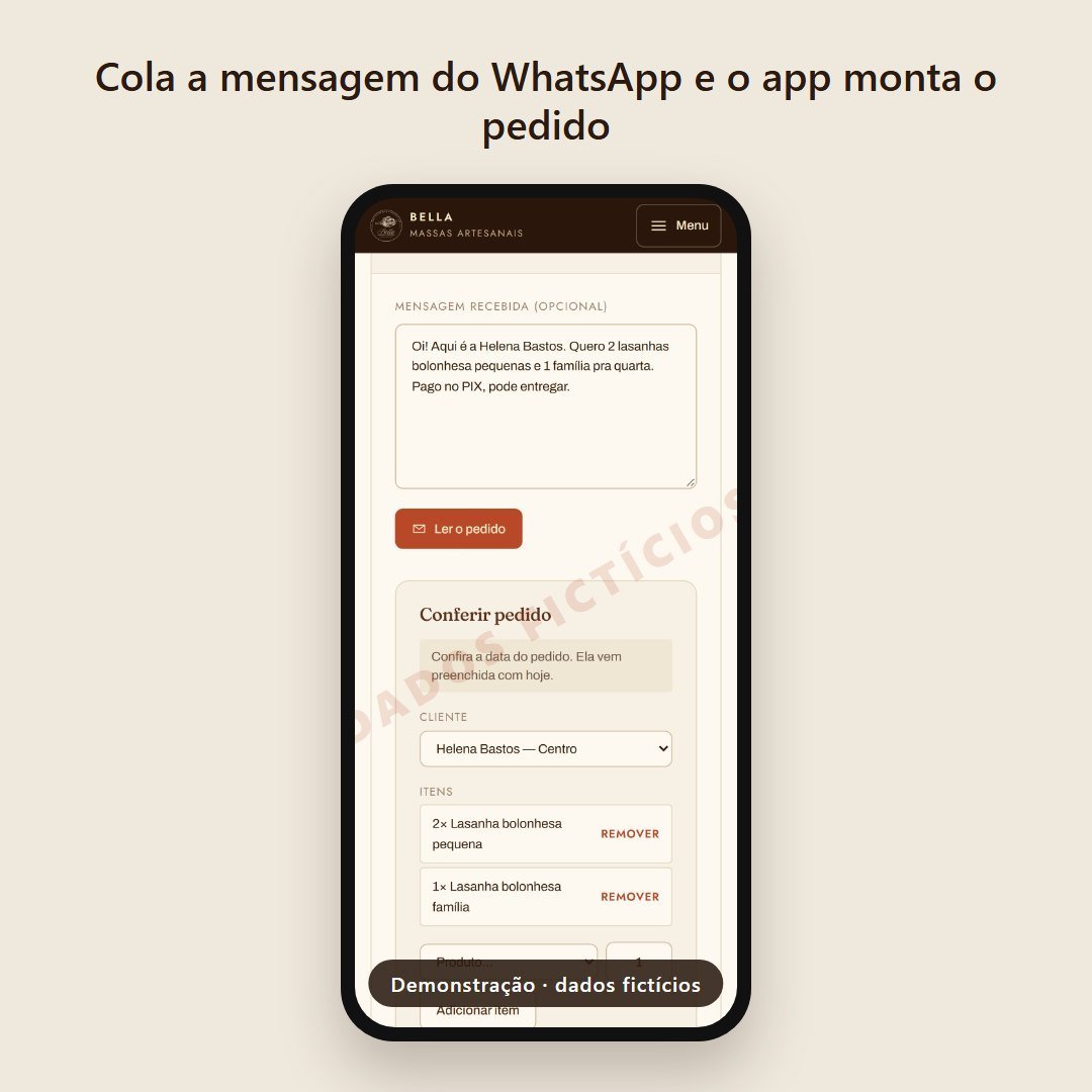 Pedido do WhatsApp lido pelo app (demonstração com dados fictícios)